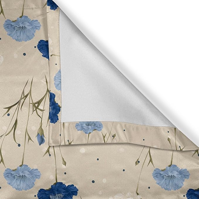 Ambesonne Garden Window Valance Pack of 2, Floral Melancholy Blooming Poppy Flowers with Leaves on Dotted Back, Rod Pocket Curtain Valances for Kitchen Bedroom, 42" X 12", Beige Night Blue Dark Tan