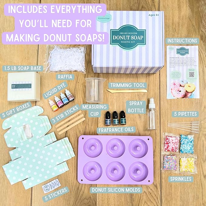 Innovative Ginger DIY Donut Soap Making Craft Kit for Kids, Teens, and Adults - Fun, Easy, Creative - Large Soap Donuts - Perfect Birthday & Holiday Gift - Unique, Mess-Free, All-in-One Kit (Donut)