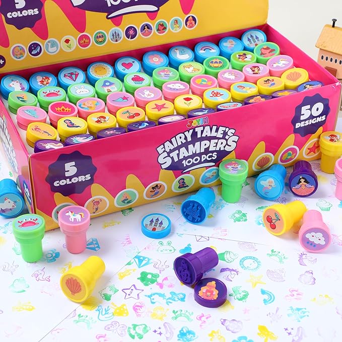 JOYIN 100PCS FairyTale's Stamps for Kids Self-Ink for Party Favor, Teacher Stamps, Kids Treasure Box, Prize for Classroom, Easter Egg Stuffers (50 Designs, Mermaid, Princess, Unicorn Stampers)