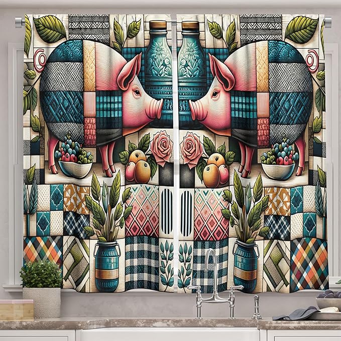 Ambesonne Farmhouse Kitchen Curtains, Art Expressionist Leafy Roses and Pigs and Plaid Geometric Details, Window Drapes 2 Panel Set for Kitchen Cafe Decor, 55" x 30", Teal Pink and Green