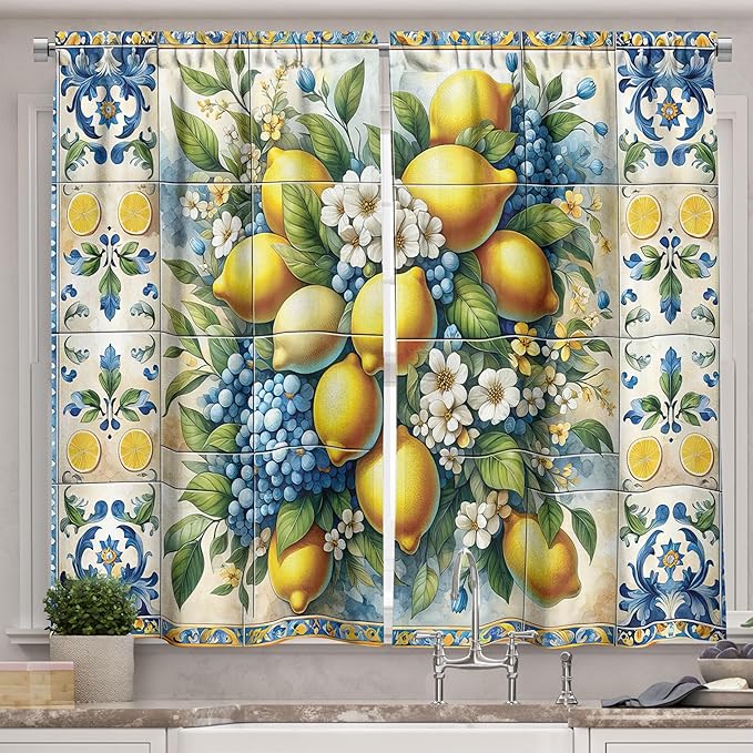 Ambesonne Lemon Garden Kitchen Curtains, Mediterranean Curlicue Leaves Detailed Citrus Huddle with Floral, Window Drapes 2 Panel Set for Kitchen Cafe Decor, 55" x 24", Blue Yellow and Green