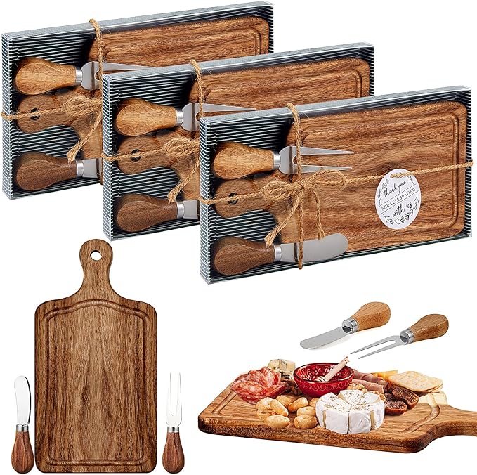 3 Sets Bridal Baby Shower Cheese Prizes Wooden Square Board Gift Set Knives Forks Thank You Tags with Box for Guests for Valentines Bridal Baby Shower Housewarming (Acacia Color)