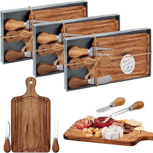 3 Sets Bridal Baby Shower Cheese Prizes Wooden Square Board Gift Set Knives Forks Thank You Tags with Box for Guests for Valentines Bridal Baby Shower Housewarming (Acacia Color)