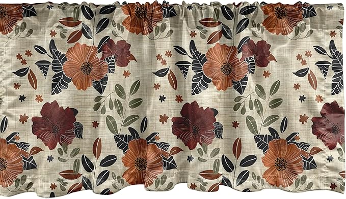 Ambesonne Poppy Window Valance Pack of 2, Modern Boho Leafy Floral Garden Illustration with Mid Century Details, Rod Pocket Curtain Valances for Kitchen Bedroom, 54" X 12", Maroon Amber Grey Yellow