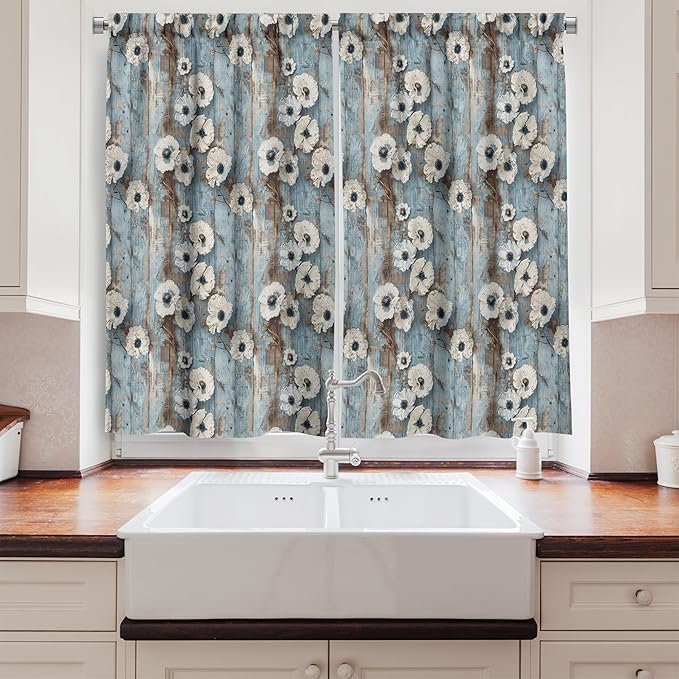 Ambesonne Floral Kitchen Curtains, Farmhouse Countryside Vibe Vintage Weathered Vertical Planks Flowers, Window Drapes 2 Panel Set for Kitchen Cafe Decor, 55" x 39", Coconut Pale Blue and Dusk