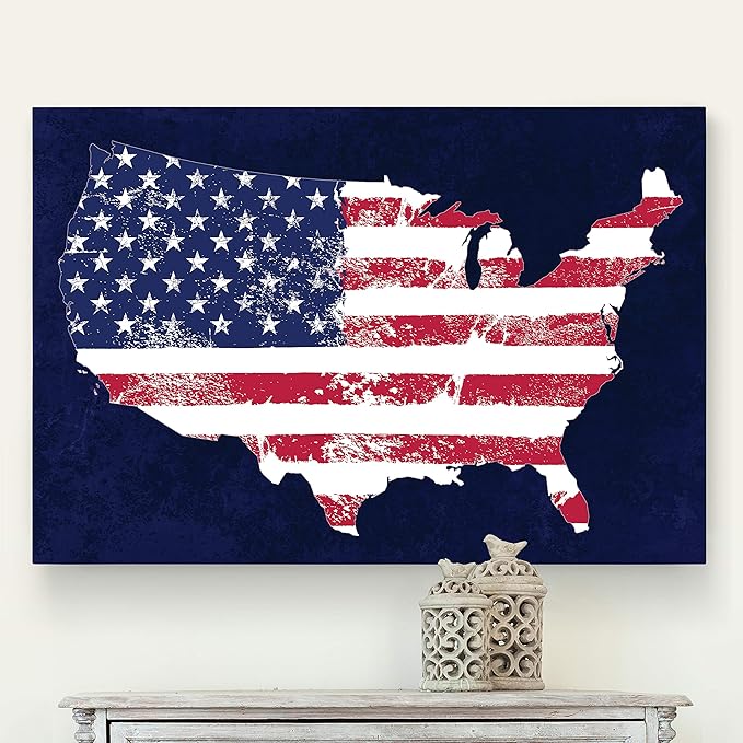 Renditions Gallery Nature Wall Art Paintings Window View Prints Vintage Faded American Flag Glam Patriotic Modern Blue American Map Decorations for Bedroom Office Kitchen - 16"x20" LT25