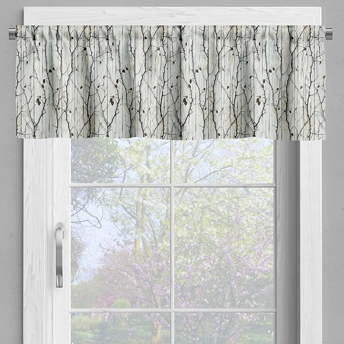 Ambesonne Farmhouse Window Valance, Autumnal Thin Tree Branches with Cocoa Tone Leaves on Rustic Back Print, Curtain Valance for Kitchen Bedroom Decor with Rod Pocket, 42" x 12", Off White Dark Brown