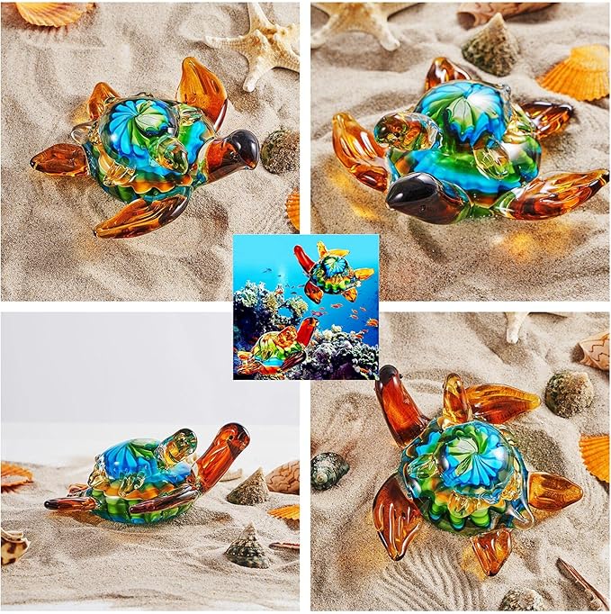 EUSTUMA Hand Blown Glass Sea Turtle Figurines Ornament,Sea Animal Ornament for Home Decor,Sea Animals Collection for Birthday Gift,Glass Tortoise Sculpture