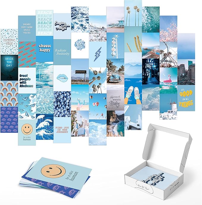 HAUS AND HUES Blue Photo Collage Kit for Wall Aesthetic Décor Beach Aesthetic Posters & Aesthetic Pictures | Aesthetic Blue College Room Decor (Set of 50)