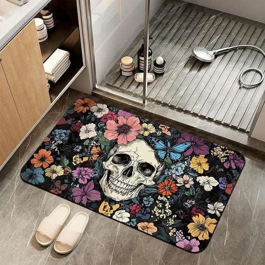 Abstract Skull Bathroom Rugs,Bath Mats for Bathroom,Mexican Skeleton Butterfly Low Pile Absorbent Bath Mat,Rubber Backing Non Slip Washable Thin Quick Dry Door Mat 17x29.5 Inch