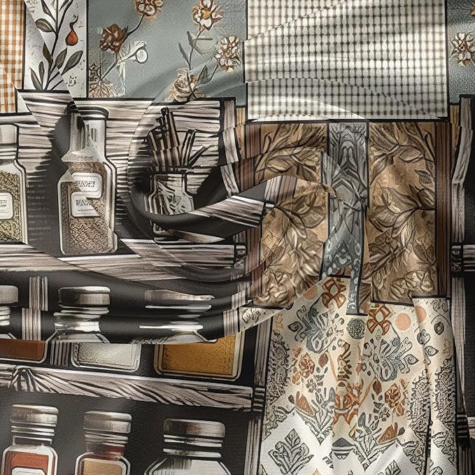 Ambesonne Boho Valance & Tier Curtain 3 pcs Set, Vintage Style Bohemian Pattern with Spices and Ethnic Patchwork Rectangles, Window Treatments for Kitchen Room Decor, 55" x 45", Taupe Grey Teal Orange