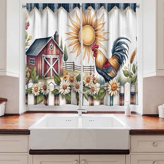 Ambesonne Barn Themed Kitchen Curtains, Retro Farmhouse Scene Sun Rooster with Leafy Daisy Floral Details, Window Drapes 2 Panel Set for Kitchen Cafe Decor, 55" x 30", Slate Blue Orange Green