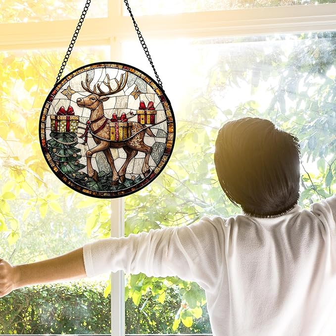 Stained Glass Window Hanging, Christmas Tree Elk Sun Catchers Colorful Glass Panel Retro Suncatcher Decor for Birthday for Women, Men, Wife, Aunt, and Mom 9.8 in