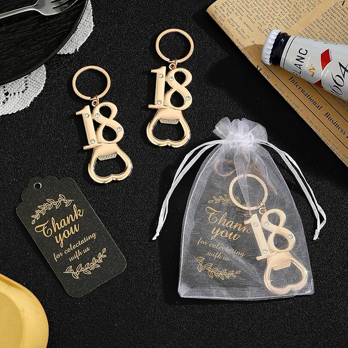 24 pcs 18th Gold Keychain Bottle Opener Birthday Party Favors for Guests,18th Beer Bottle Opener Favors Bulk for Birthday Anniversary Souvenirs Party Decor Supplies (Gold 18th)