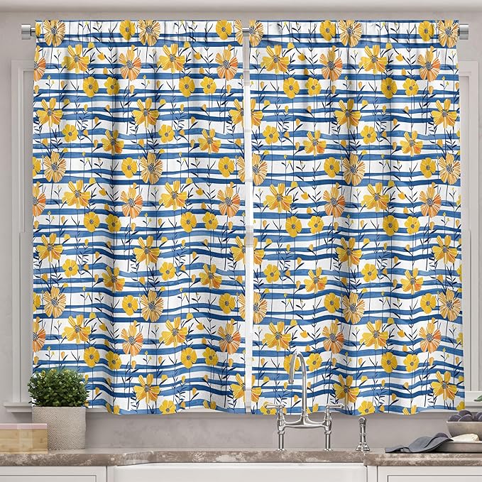 Ambesonne Floral Long Kitchen Curtains, Whimsical Flowers with Horizontal Brushstroke Stripes Maritime Print, 2 Panel Set Drapes with Rod Pocket Room Decor, 55" x 45", Mustard Cobalt Blue White