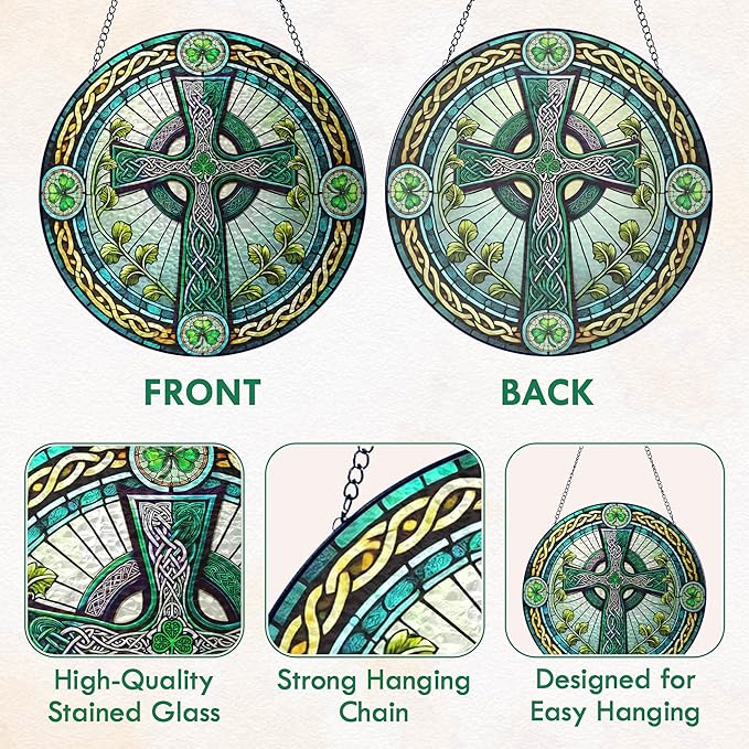 FLAGWIX Irish Gifts for Women Men - 100% Stained Glass Hanging Suncatcher 8 in - Birthday Irish Decorations for Family Friends, Celtic Cross Home Decor, St Patricks Day Decorations