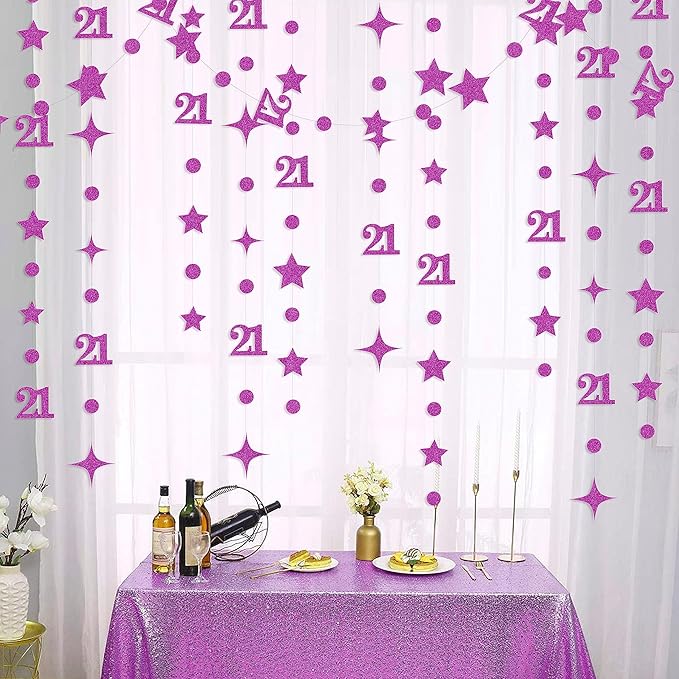 Purple Number 21 Circle Dot Twinkle Star Garland Glitter Hanging Streamer Bunting Banner Backdrop Decoration for Girls Boys 21st Birthday Finally Legal Twenty One Anniversary Wedding Party Supplies