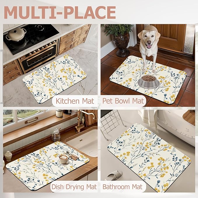 Blue Leaves Bath Mat,Yellow Berries Diatomaceous Earth Bath Mat,Rubber Backing Quick Dry Absorbent Washable Bathroom Rugs for Tub Non Slip 17"x29.5"