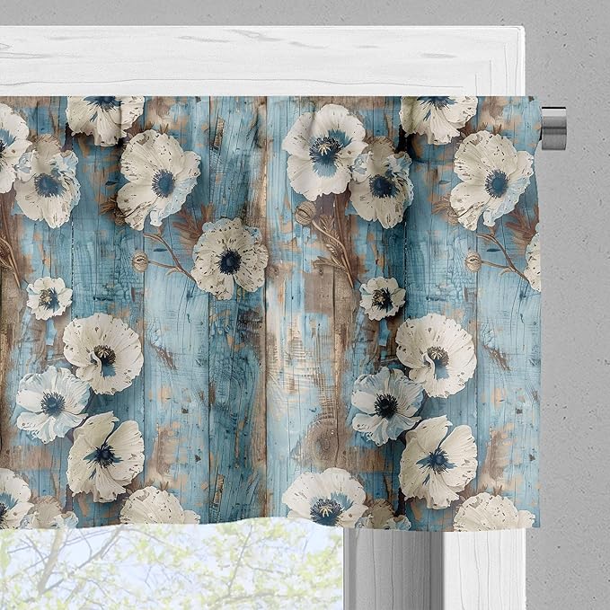 Ambesonne Poppy Window Valance Pack of 2, Vintage Farmhouse Concept Beige Tone Petals Floral on Rustic Backdrop, Rod Pocket Curtain Valances for Kitchen Bedroom, 42" X 18", Coconut Pale Blue and Dusk