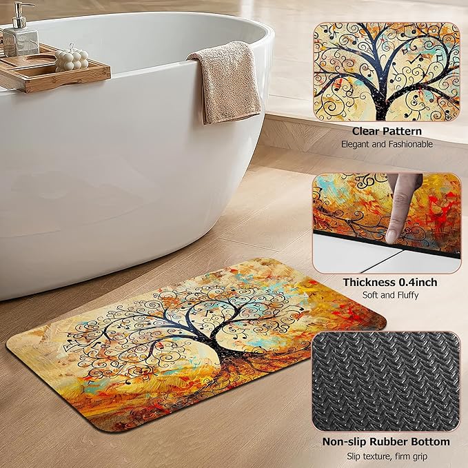 Non Slip Bath Mat,Vintage Life Tree Bathroom Decor,Abstract Tree Diatomaceous Bath Mat Quick Dry Absorbent Bathroom Rugs-Shower Rug for Kitchen Laundry Bathtub Shower 17"x29.5"