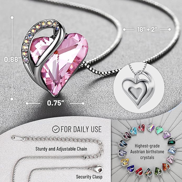 Leafael Valentine's Day Gift Necklaces for Women, Infinity Love Birthstone Heart Crystal Pendant, Birthday Anniversary Jewelry for Wife, Mom, and Her, Silver Plated, 18" + 2" Adjustable Chain