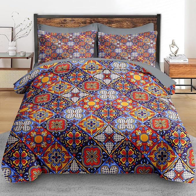 Comforter Set Full Size, Mexican Talavera Ceramic 7 Pcs Bedding for Kids and Adults, Italian Spanish Bed Sheet Sets with Fitted Sheet 2 Pillowcases & 2 Shams for Bedroom Bed Decor