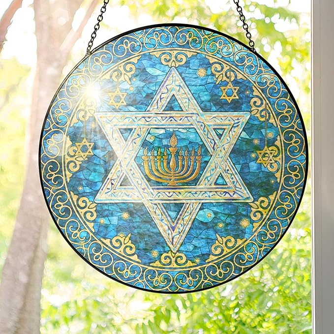FLAGWIX Hanukkah Gifts for Women Men - Star of David Stained Glass Window Hanging 10 in - Hanukkah Sun Catcher Hanging Decor, Chanukah Suncatchers for Garden Decor, Religious Spiritual Gifts for Mom