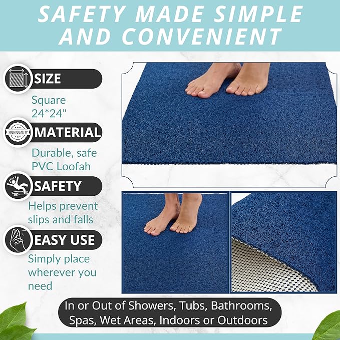 Enkosi Loofah Shower Mat Non-Slip - Anti-Slip Bath Mat for Inside Showers, Tub, Bathtub, Bathroom - Quick Dry PVC with Drain Holes - Cushioned Safety Grip - Secure for Kids and Elderly (Navy 24x24)