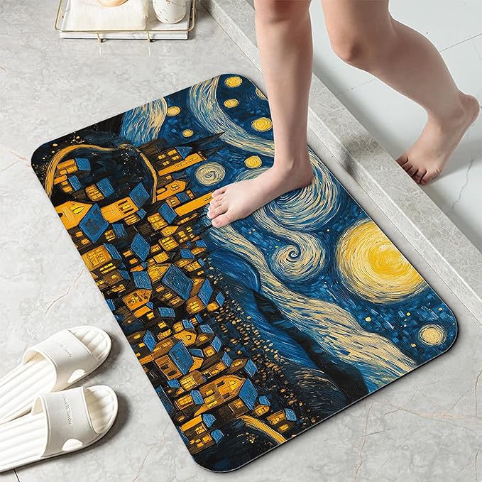 Bathroom Rug 29.5"x17",Night Sky Village Bath Mat with Non-Slip Rubber Backing, Quick-Drying Absorbent Thin Floor Mat for Bathroom, Shower, Sink, or Kitchen