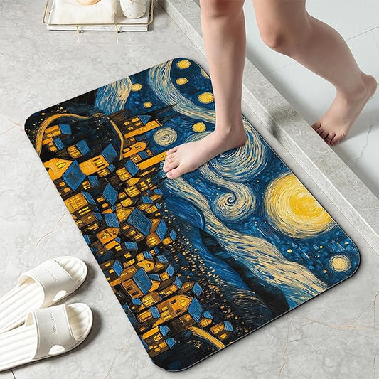 Bathroom Rug 29.5"x17",Night Sky Village Bath Mat with Non-Slip Rubber Backing, Quick-Drying Absorbent Thin Floor Mat for Bathroom, Shower, Sink, or Kitchen