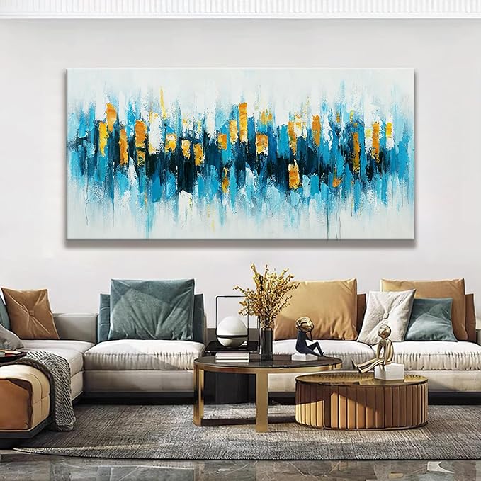 Suconvng Abstract Wall Art Canvas Art Wall Decor For Living Room Decorations Large Blue And Gold Abstract Wall Decor White Abstract Wall Art For Home Bedroom Kitchen Office Artwork 29x58 Inch