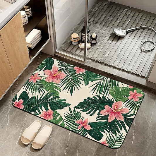 Tropical Leaves Bath Mat,Pink Flower Diatomaceous Earth Bath Mat,Rubber Backing Quick Dry Absorbent Washable Bathroom Rugs for Tub Non Slip 17"x29.5"