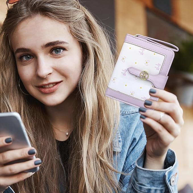 Womens Wallet Cute Small Purple Coquette Bow Wallets for Women with Bow Stuff Credit Card Holder and ID Window Kawaii Travel Cash Wallet for Ladies