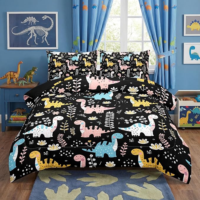 Boys Dinosaur Comforter Sets Full 5PCS,Dinosaur Cute Bedding Set for Kids,Cartoon Dinosaurs Twin Comforter Set,Boys Bed in a Bag with Flat Sheet and Fitted Sheet,Pillowcase