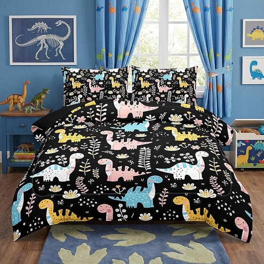 Boys Dinosaur Comforter Sets Full 5PCS,Dinosaur Cute Bedding Set for Kids,Cartoon Dinosaurs Twin Comforter Set,Boys Bed in a Bag with Flat Sheet and Fitted Sheet,Pillowcase