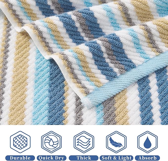 VOOVA & MOVAS Striped Wash Cloths Set, 6PC Bathroom Washcloths - 100% Cotton | Quick Dry | Soft | Absorbent, 13"x13" Wash Cloth, Luxury Towel Set for Guest, Blue+Gray+Beige Stripe