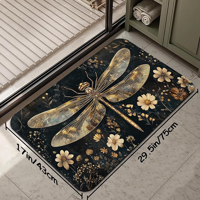 Vintage Dragonfly Bathroom Rug 29.5"x17",Flowers Quick-Drying Super Absorbent Diatomite Bath Mat with Non-Slip Backing, Thin Washable Bathroom Floor Mat Fits Under Door for Shower, Sink, or Tub