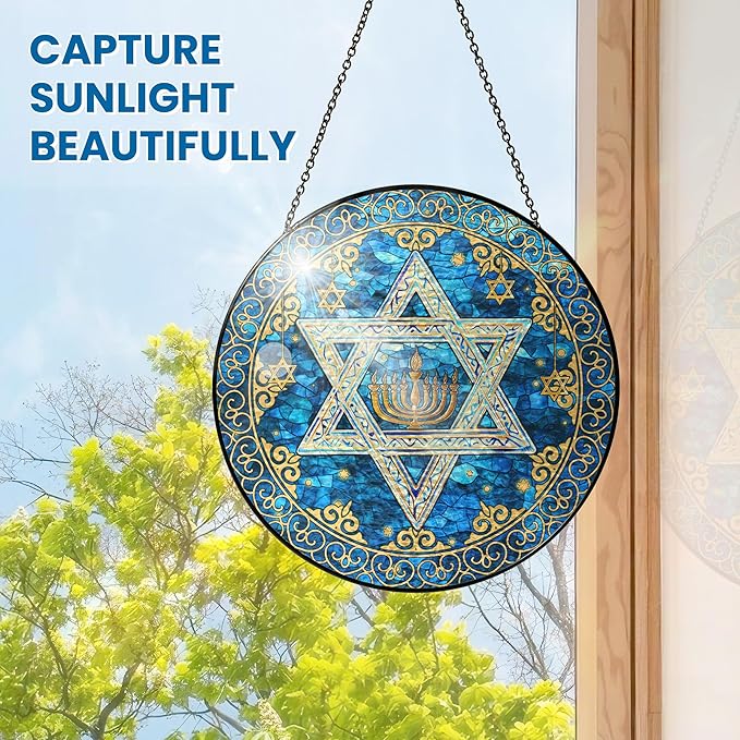 FLAGWIX Hanukkah Gifts for Women Men - Star of David Stained Glass Window Hanging 10 in - Hanukkah Sun Catcher Hanging Decor, Chanukah Suncatchers for Garden Decor, Religious Spiritual Gifts for Mom