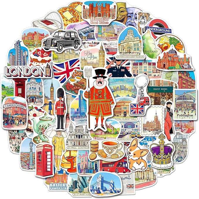 200 PCS London Stickers, British Travel Stickers for Laptop Water Bottle Scrapbook Journal, Vinyl London Travel Souvenirs Decals for Women Men Adults