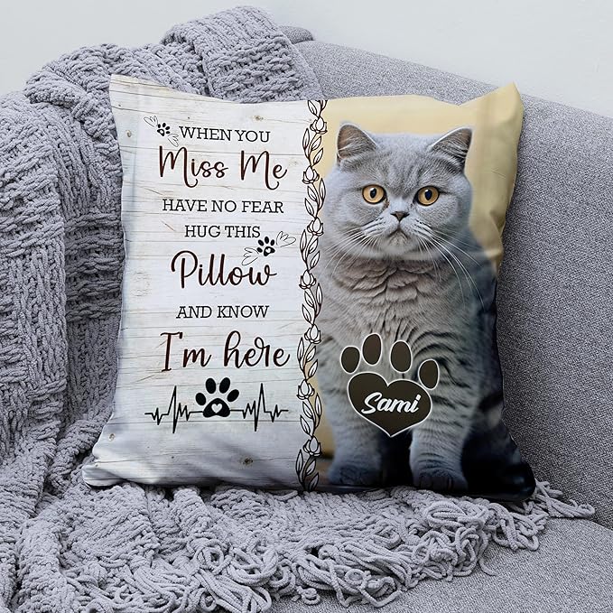 Personalized Pet Memorial Throw Pillow (Insert Included), When You Miss Me Hug This Pillow, Loss Of Cat Sympathy Gift, Cat Memorial Gifts For Loss Of Cat, Cat Remembrance Gifts, Cat Memorial Gifts