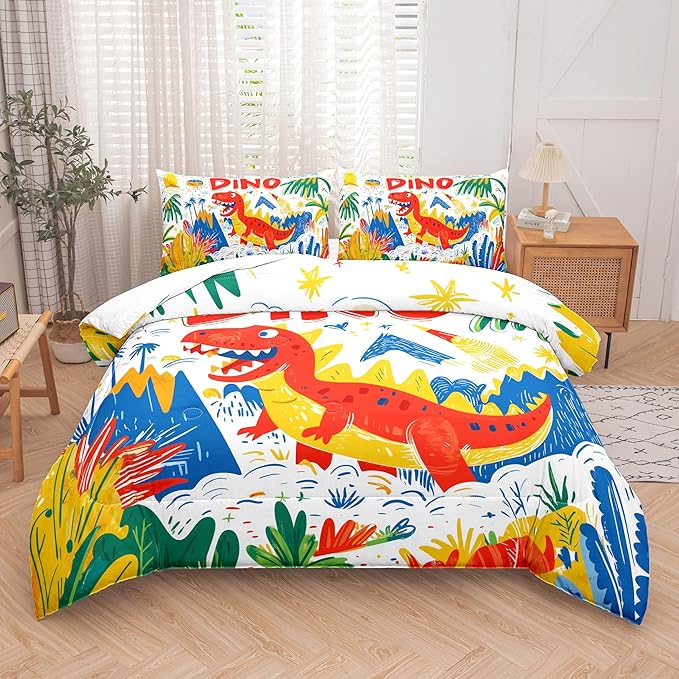 Helloosun 5PCS Dinosaur Comforter Sets Full,Cartoon Dinosaur Bedding Sets for Kids,Colourful Toddler Comforter Full