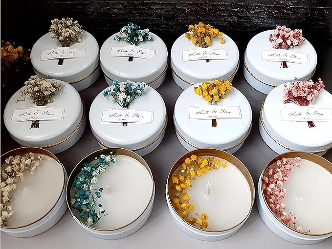 Personalized Natural Soy Wax Wedding Favor Candle Gift Set for Guest - Fall Winter Christmas Custom Dried Flower Bridal Baby Shower Gifts in Bulk (50 Pieces, Pink Flower)