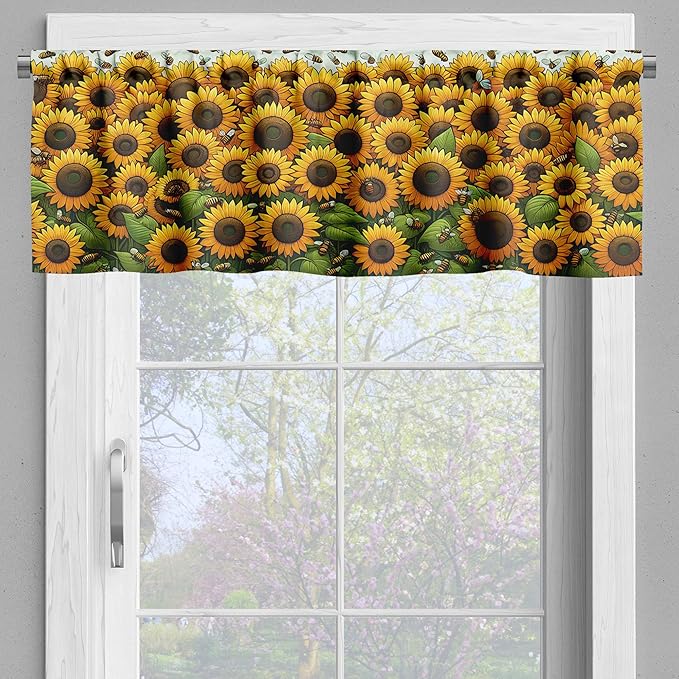 Ambesonne Sunflowers Window Valance, Summertime Inspired Farmhouse Floral Huddle with Leaves and Bees Print, Curtain Valance for Kitchen Bedroom Decor with Rod Pocket, 54" X 18", Mustard Reseda Green