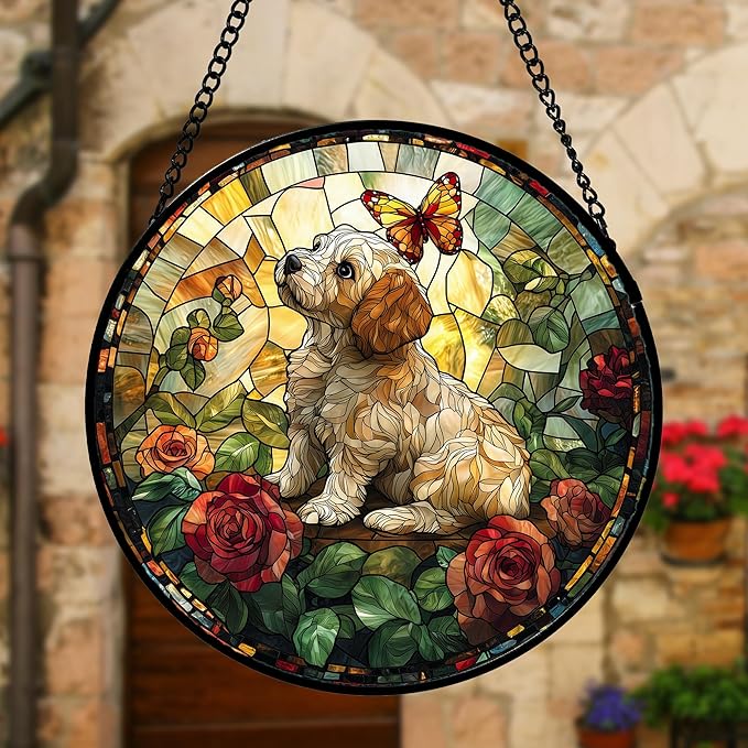 Stained Glass Window Hanging, Cute Dog and Flowers Suncatcher for Doors Home Butterfly Sun Catchers Decoration and Christmas, Mother's Day Birthday Gifts for Women, Men, and Mom 11.8x11.8 in