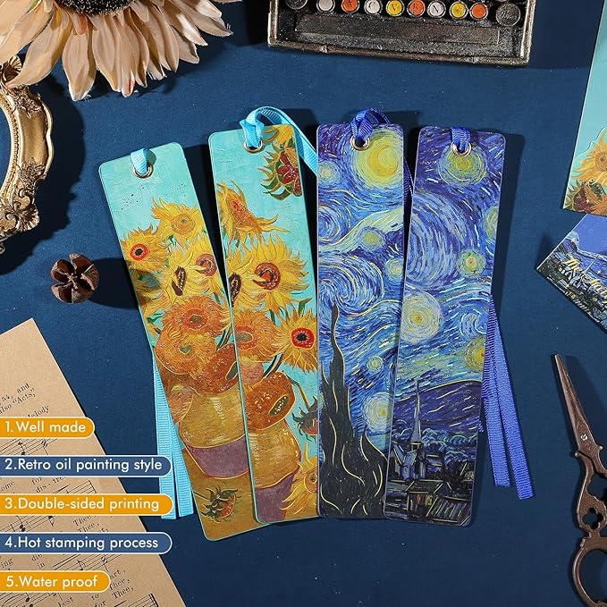 2Pcs Oil Painting Bookmarks for Women, Bookmarks Set for Book Lover, Book Marks for Reading, Vintage Book Marks for Kids Students Classroom Gift for Teacher The Starry Night & Sunflowers