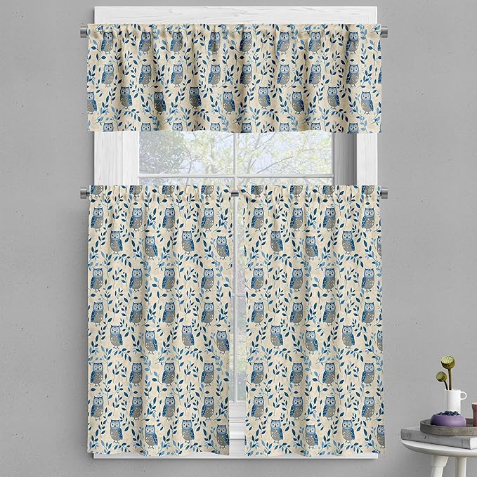 Ambesonne Bird Valance & Tier Curtain 3 pcs Set, Repetitive Whimsical Owls Silhouettes and Leaves on Plain Background Print, Window Treatments for Kitchen Room Decor, 55" x 30", Dark Sky Blue Beige