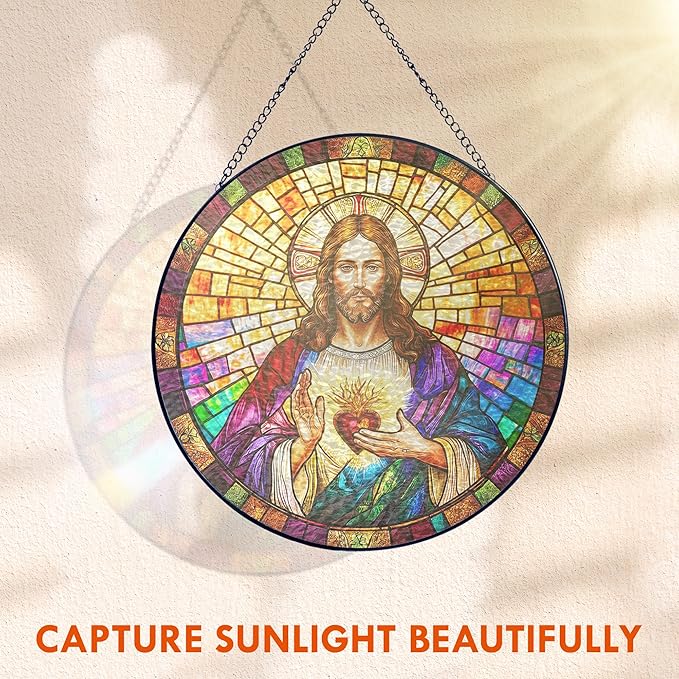 FLAGWIX Christian Gifts for Women Faith - Sacred Heart Stained Glass Window Hanging 8 in - Birthday Catholic Religious Gifts, Suncatchers Windows Hanging, Spiritual Suncatcher Home Garden Decor