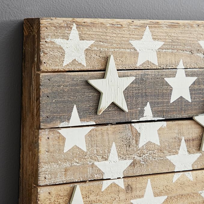 Deco 79 Wood American Flag Handmade Home Wall Decor Washed Wall Sculpture with Slatted Panels and Cream Stars, Wall Art 44" x 2" x 30", Brown