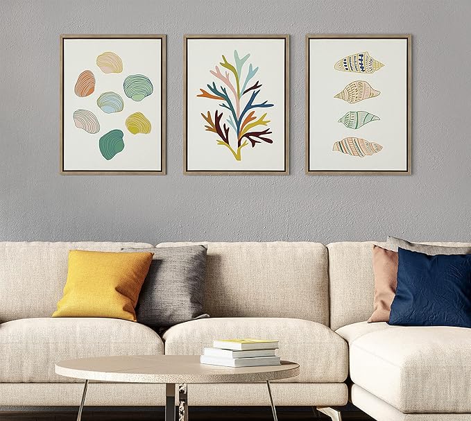 Kate and Laurel x Alicia Schultz Collaboration Ocean Treasures Framed Linen Textured Canvas Wall Art, 18x24 Gold, Decorative Coastal Shell Art for Wall