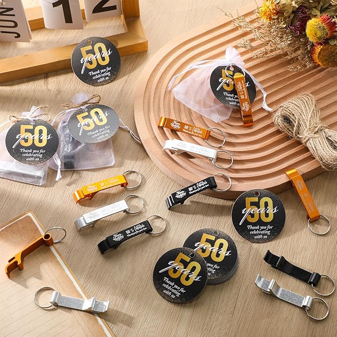 Dandat 54 Sets 50th Birthday Party Favors for Guests Birthday Beer Opener Keychain Cheers to 50 Bottle Opener Keychain with Thank You Cards and Gift Bags for Anniversary Wedding Party Favors
